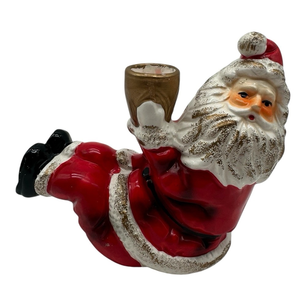 Vintage Sitting Santa Claus Candle Holder Ceramic Christmas Figurine 5" Tall